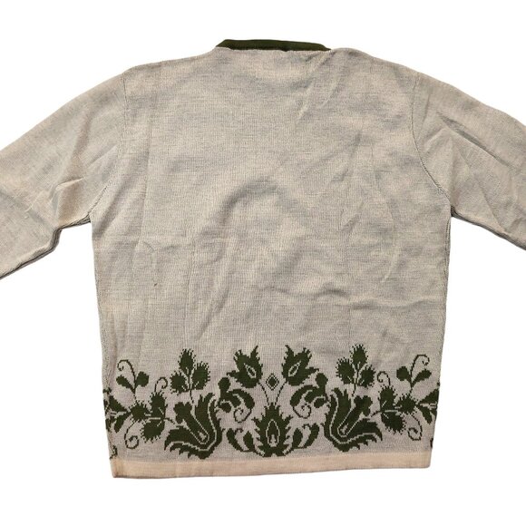 Vintage 1940s-1950s 3/4 Sleeve Crewneck Beige Olive Green Floral Woven Sweater - Picture 5 of 7